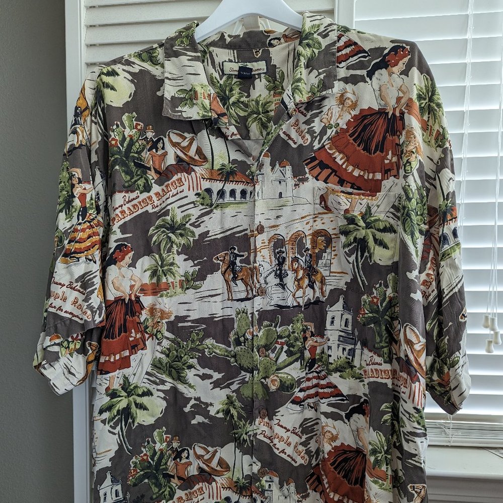 Tommy Bahama silk aloha Hawaiian shirt with dancer / Hispanic or Spanish print